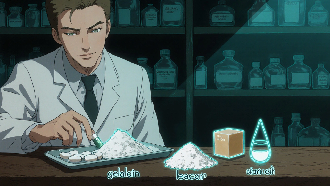 Anime-style lab scene displaying various capsules labeled with gelatin, lanolin, magnesium stearate, and plant-based alternatives.