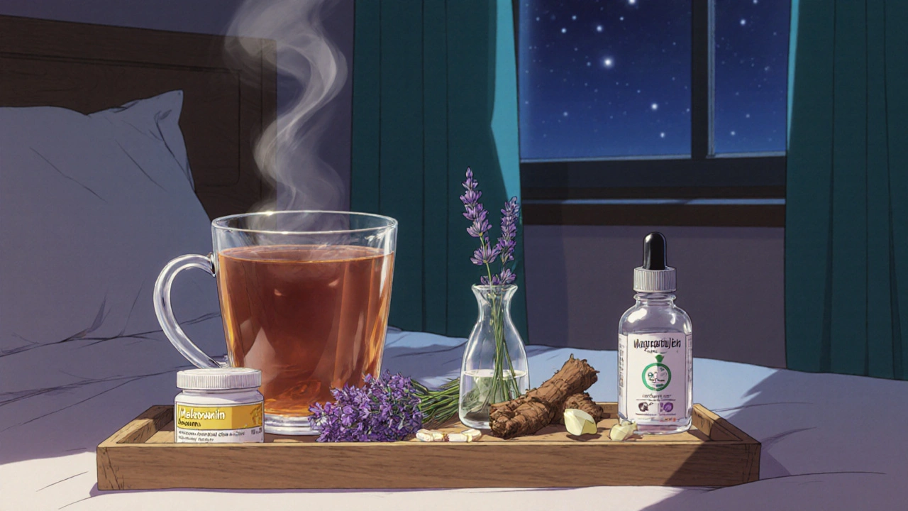 Assortment of natural sleep aids on a tray beside chamomile tea.