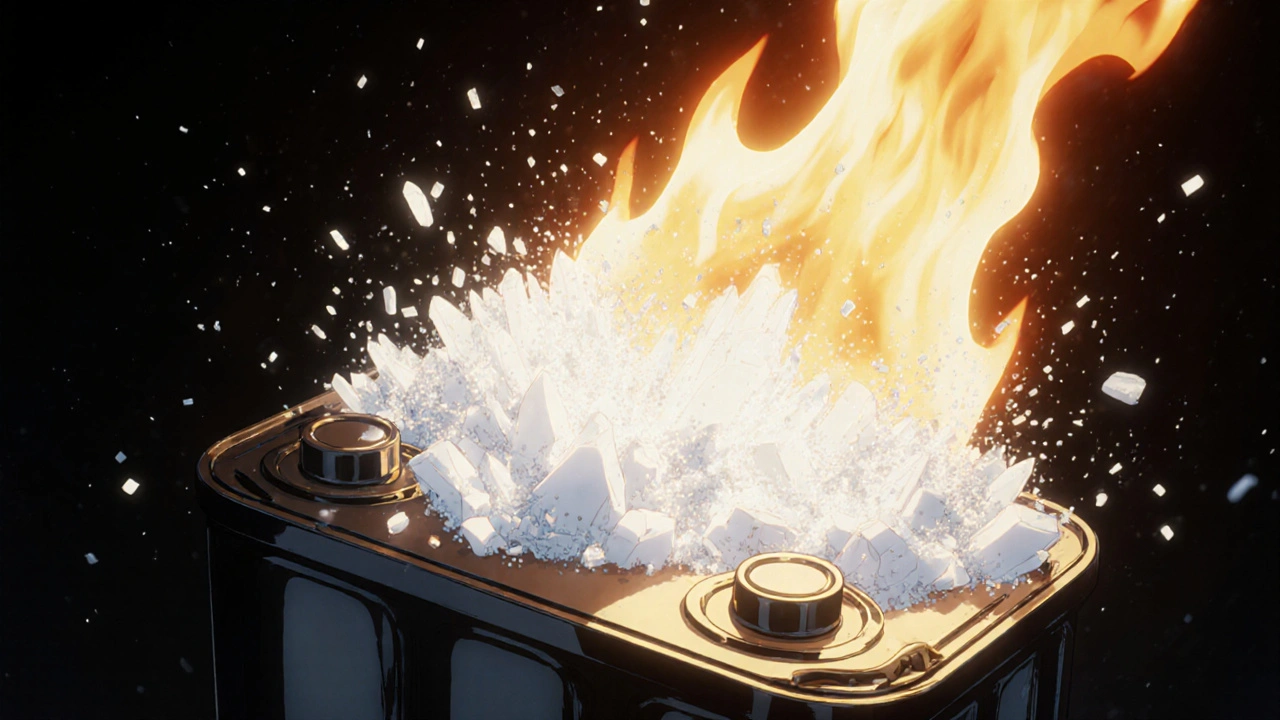 Battery fire being extinguished by white steam and alumina particles from aluminium hydroxide, in retro anime style