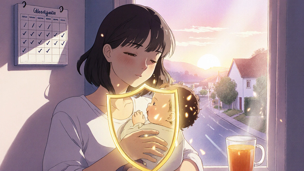 Breastfeeding mother with glowing protective shield around her and baby, symbolizing safe medication use.