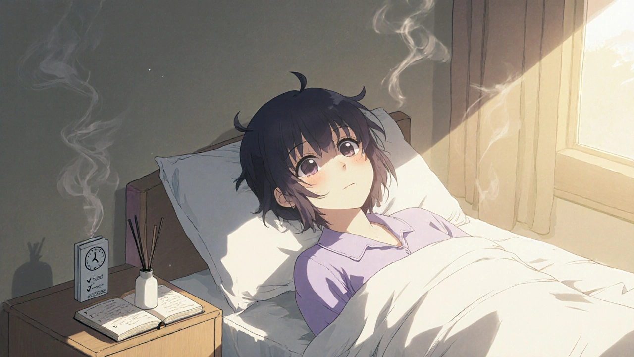 Character sleeping peacefully with lavender diffuser and sunrise glow.