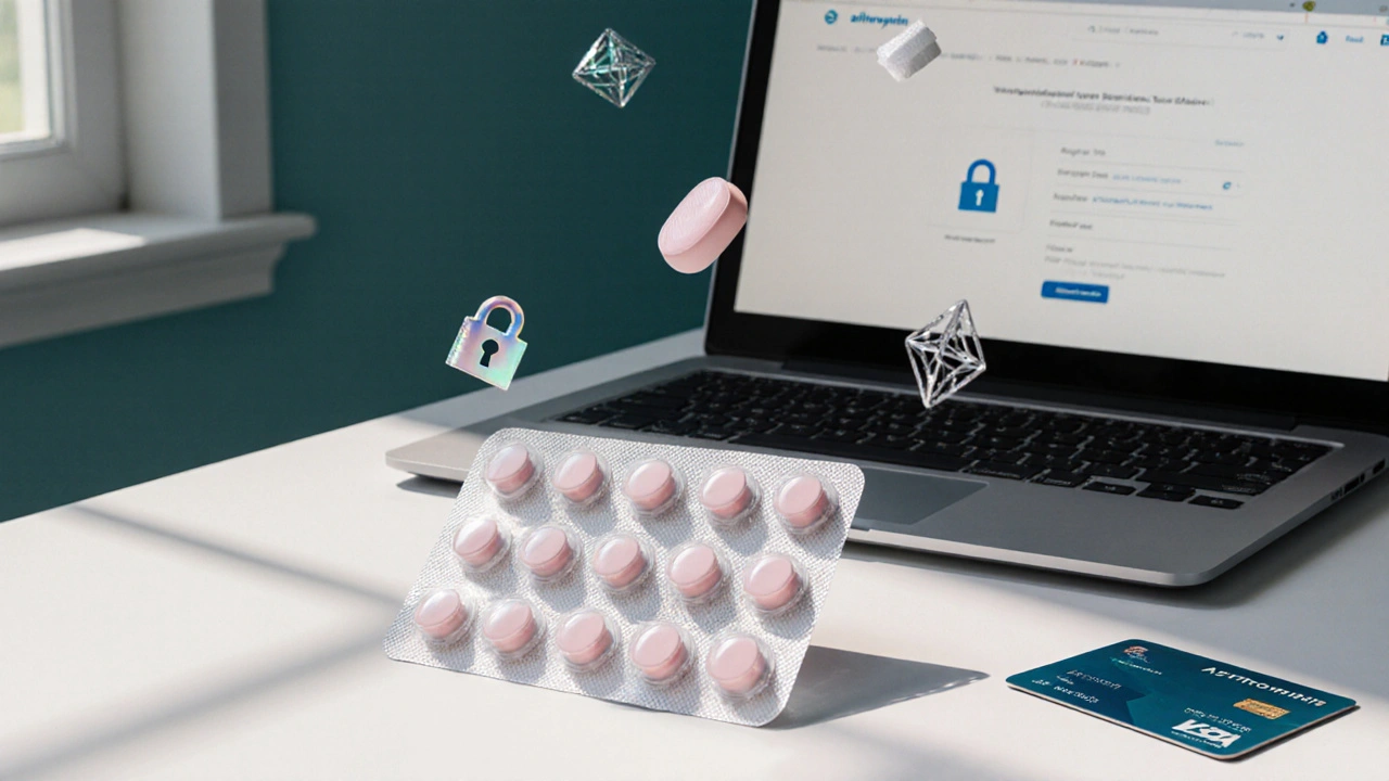 Close‑up of generic azithromycin blister pack with secure checkout symbols.