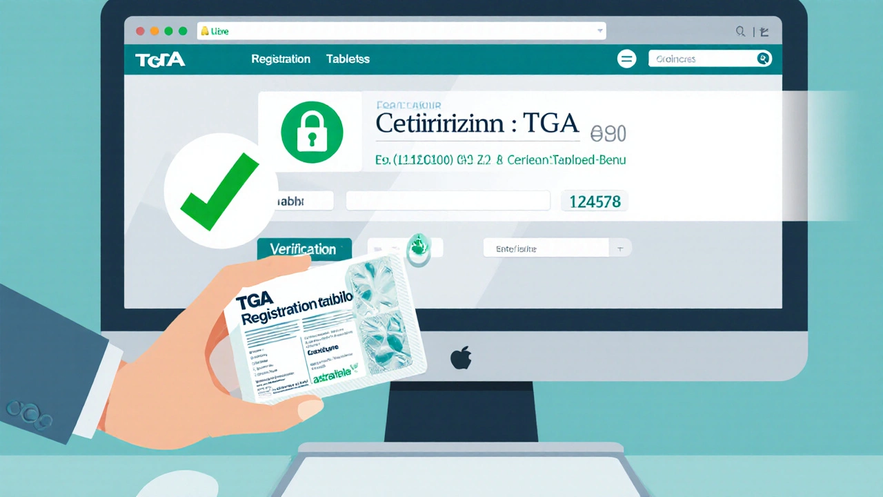 Close‑up of website footer showing TGA number, ABN, and lock icon with hand holding tablet pack.