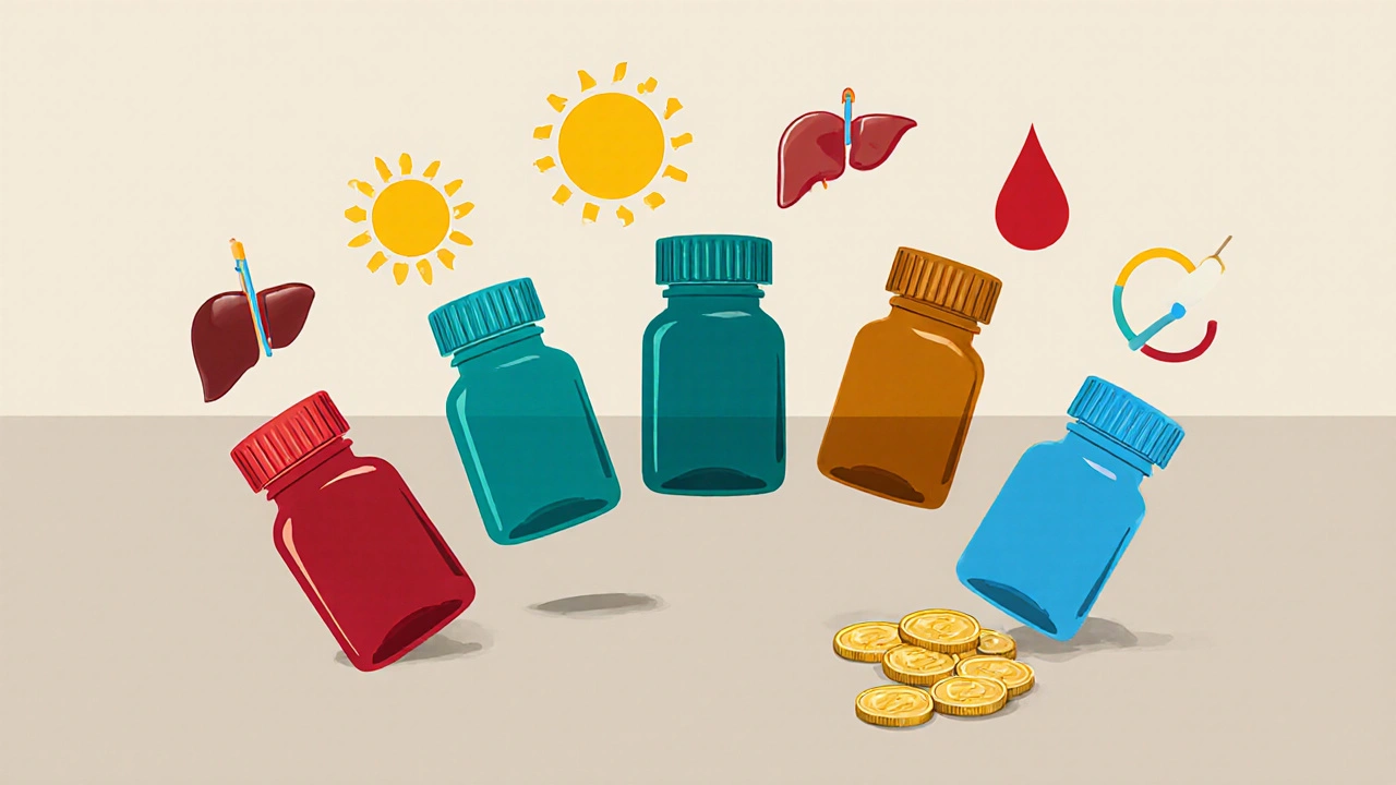 Colorful illustration of five medicine bottles with icons for liver, sun, drop, and coins.