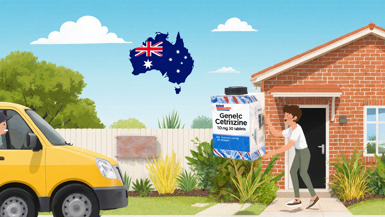 Delivery driver handing a sealed generic cetirizine parcel to a happy customer at an Australian home.