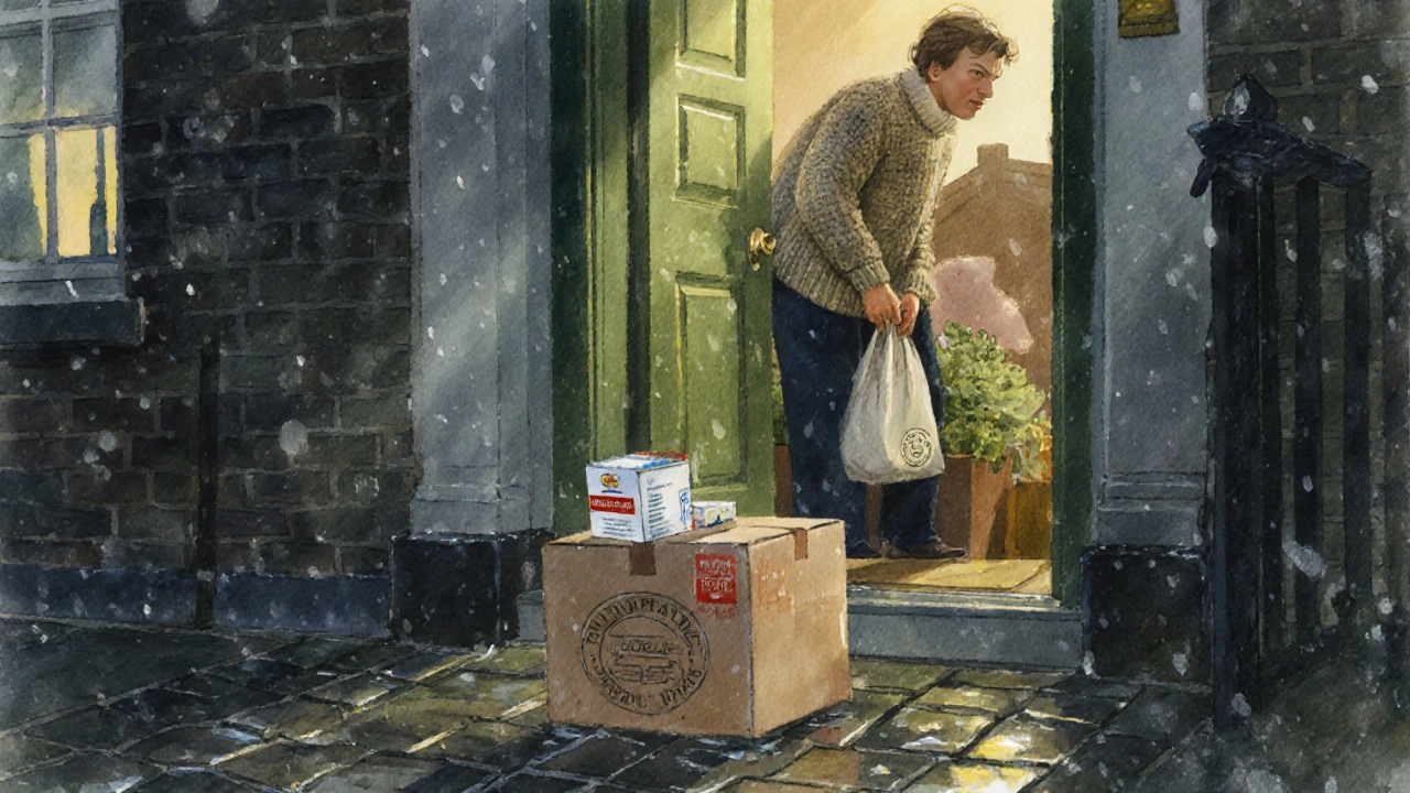 Delivery parcel with levothyroxine medication placed on a UK doorstep after rain.