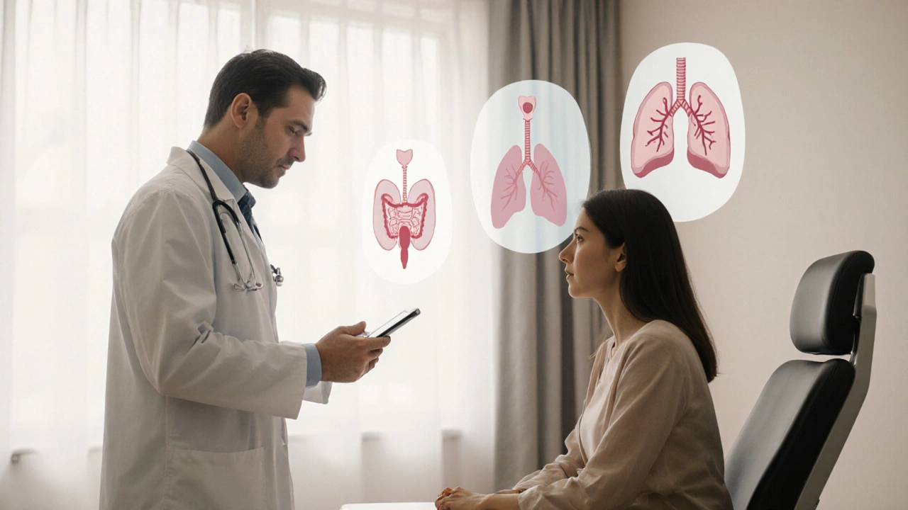 Doctor and patient discussing treatment with faint infection site icons in the background.
