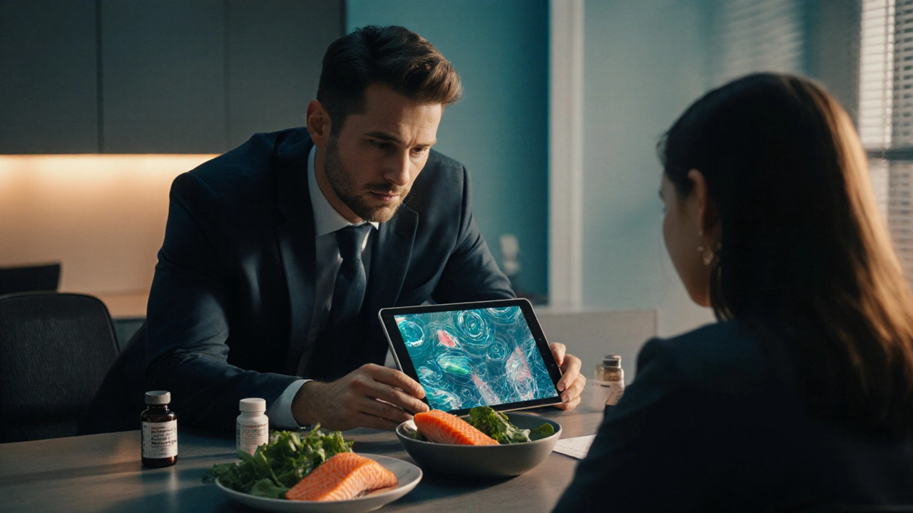 Doctor discussing vitamin test results with patient beside fruits and supplement bottles.