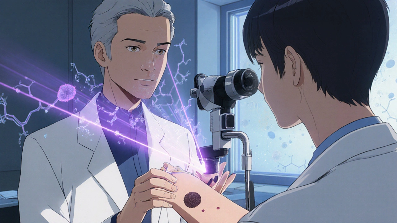 Doctor examining a patient's mole while UV rays create DNA damage overlays in a clinic.