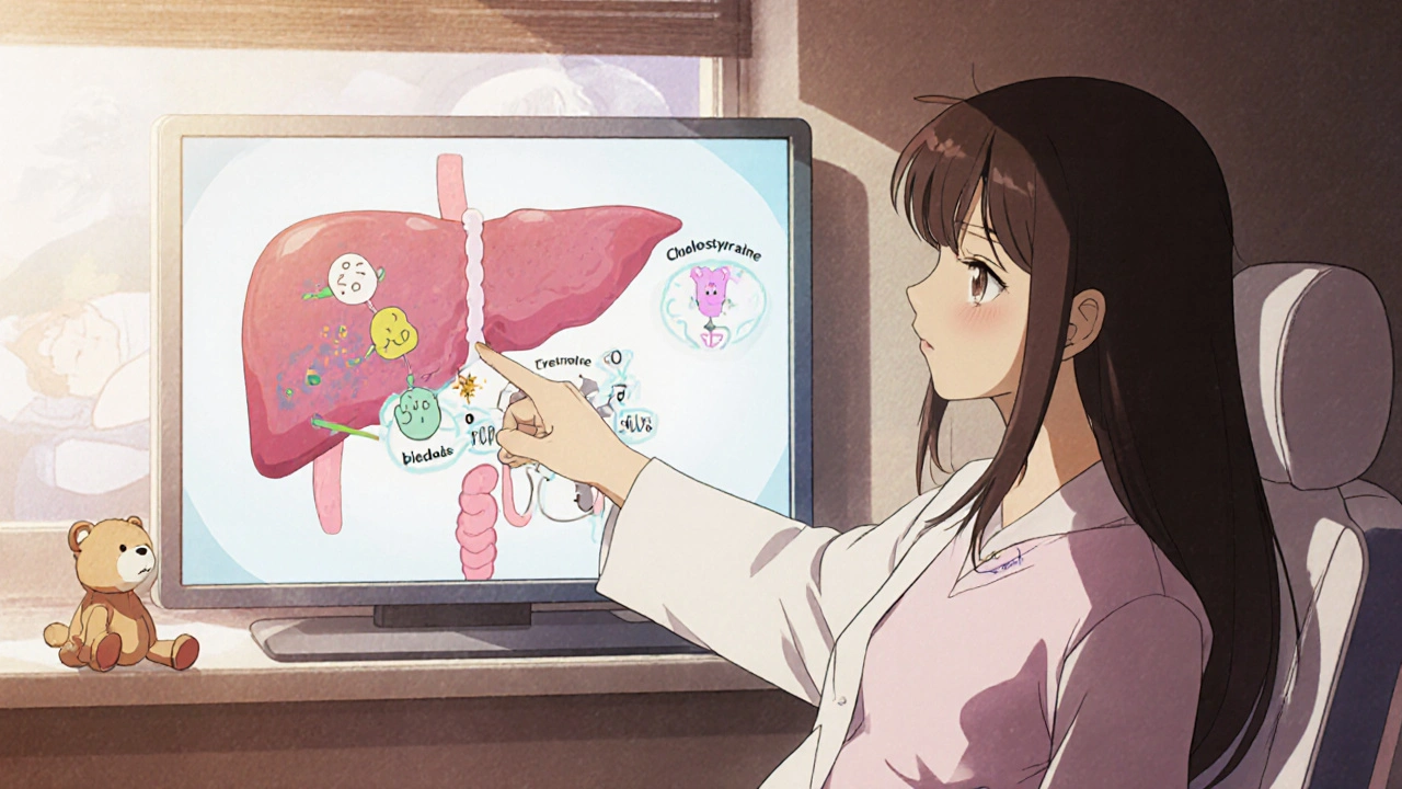 Doctor explaining liver function to pregnant patient using a diagram in a warm hospital room.