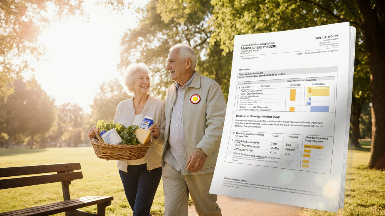 Elderly couple walking in a park with calcium foods, sunlight, and a DXA scan overlay.
