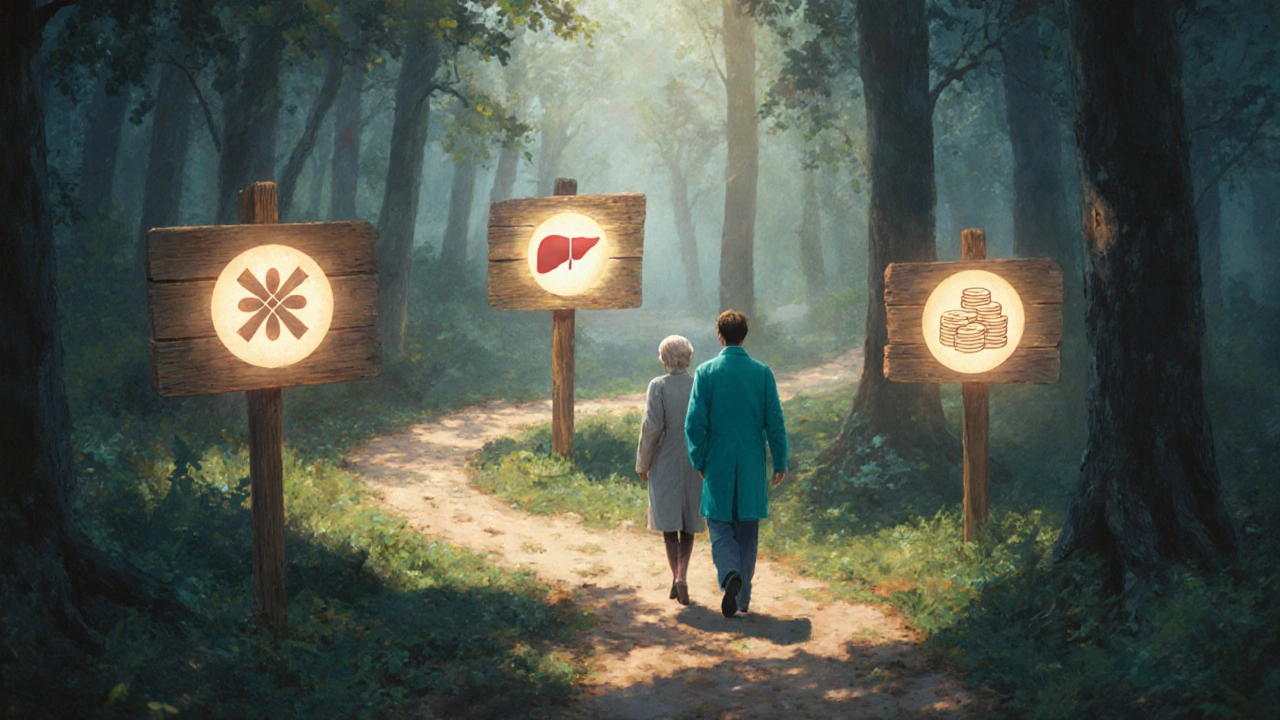 Forest scene with three branching trails marked by icons for allergy, liver, and cost, guided by a doctor.