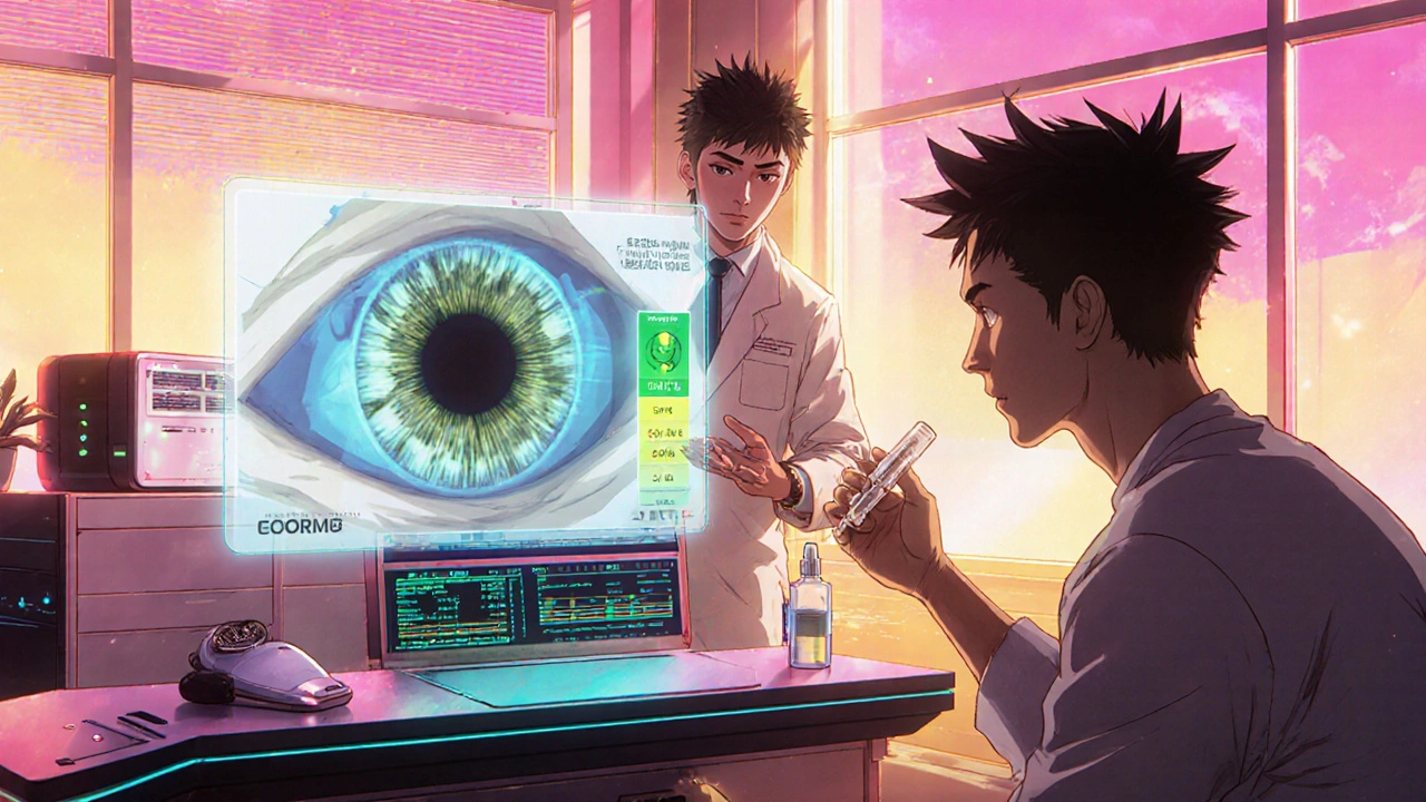 Futuristic clinic where AI analyzes retinal scans and patient receives anti‑amyloid eye drops.