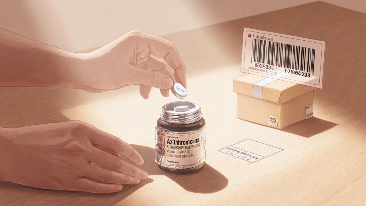 Hands holding azithromycin bottle, inspecting a tablet with tracking info nearby.