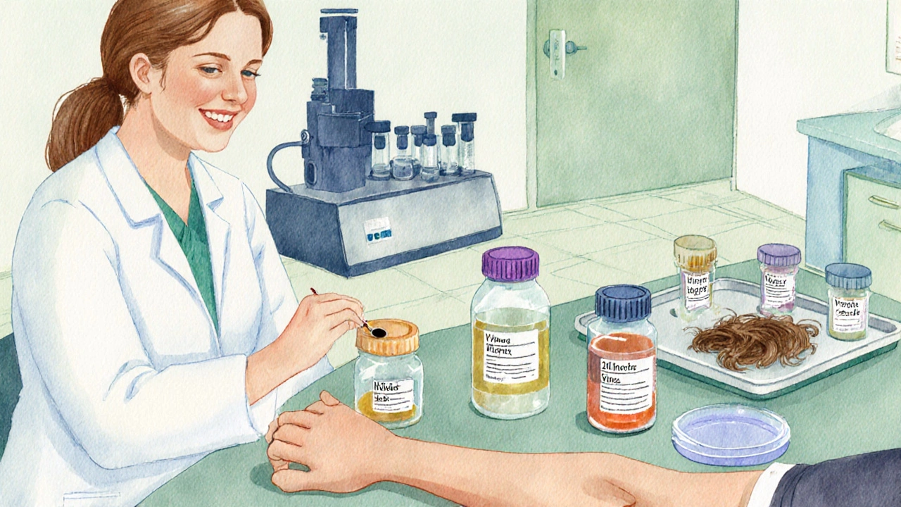 Lab scene showing blood draw, urine bottle, hair sample, and test tubes in watercolor style.