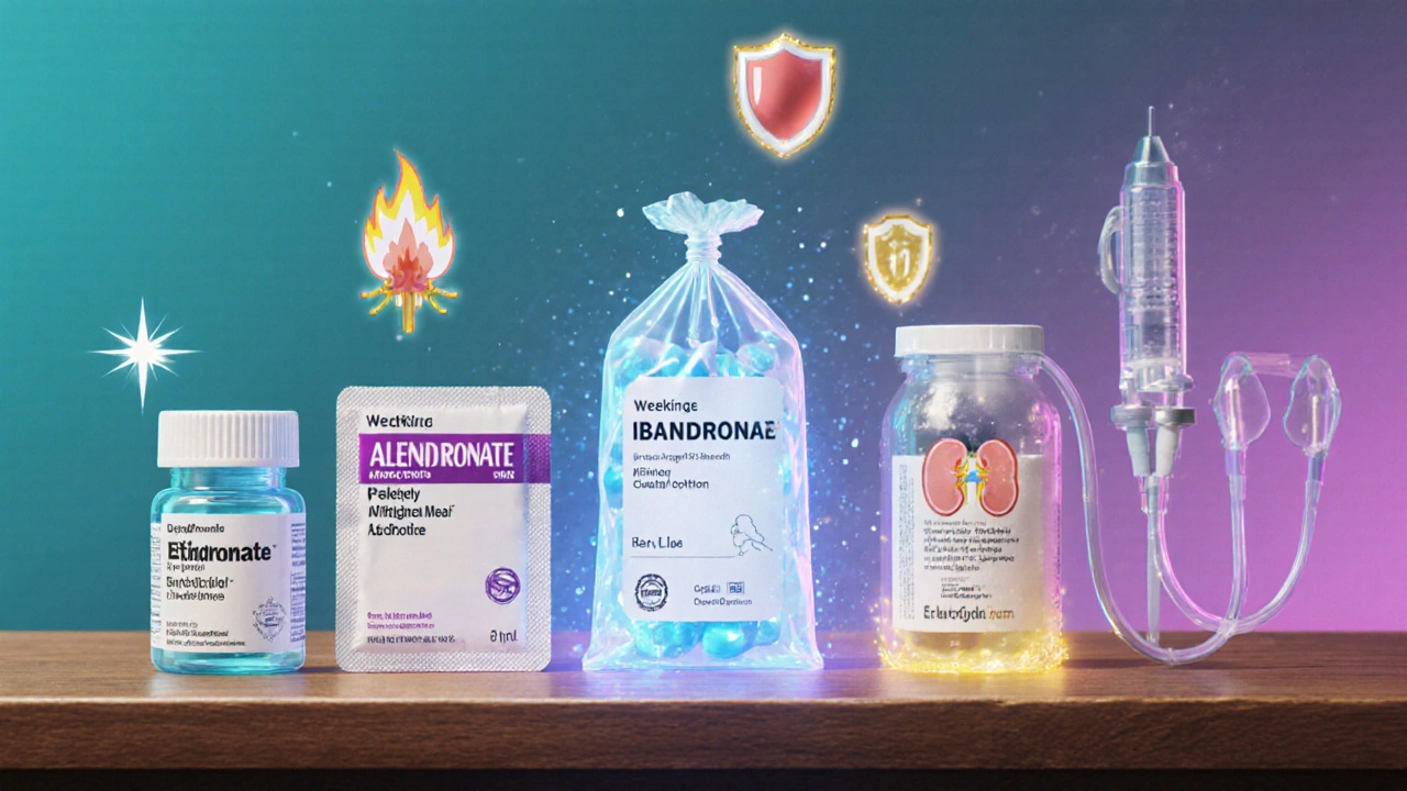 Lineup of bone medicines with visual cues for potency and side‑effects in anime style.