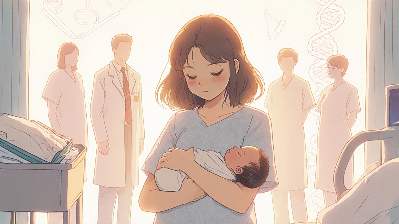Mother holding newborn after delivery, surrounded by medical team indicating multidisciplinary care.