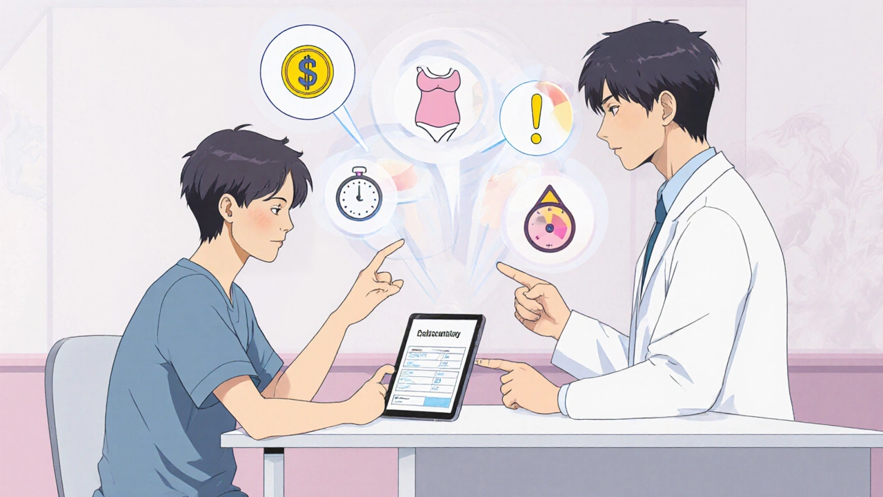Patient and doctor discussing medication options with decision icons.