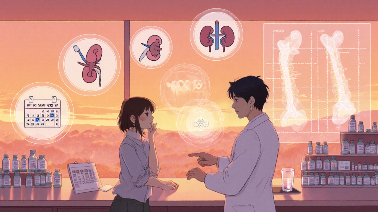 Patient and pharmacist discuss medication choices, surrounded by icons of bone, kidney, and dosing.
