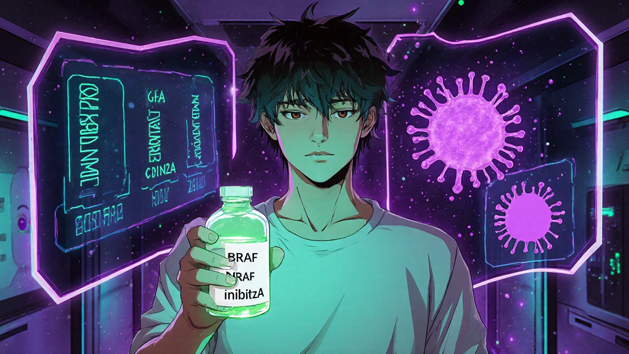 Patient holding a glowing BRAF inhibitor vial surrounded by holographic gene charts and immune cells.