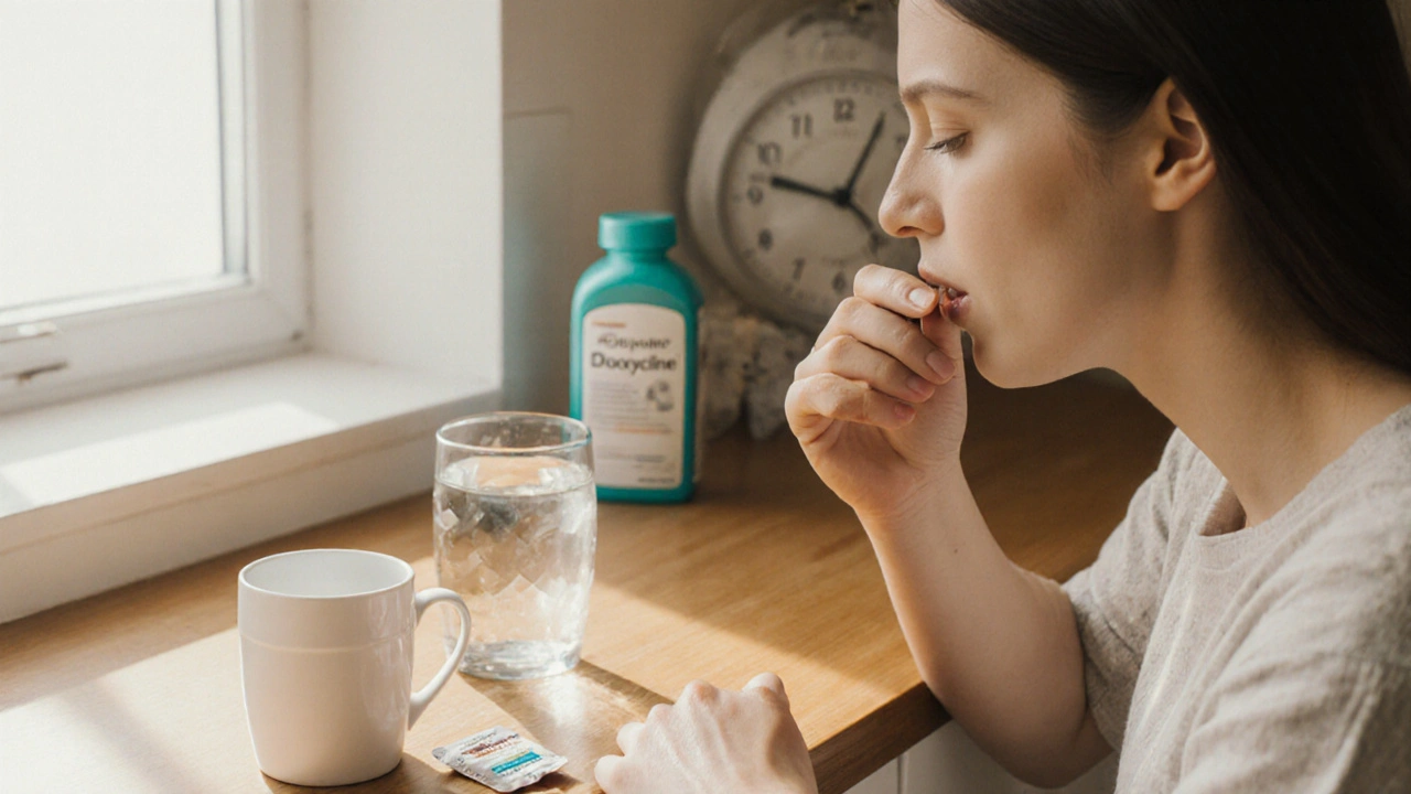 Person taking doxycycline with water, applying sunscreen, in a bright kitchen.