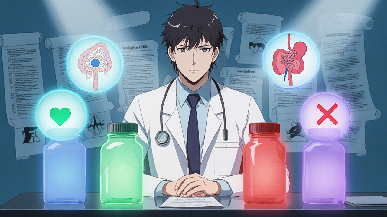 Physician displaying four colored DOAC pill bottles with floating heart and GI symbols in anime style.
