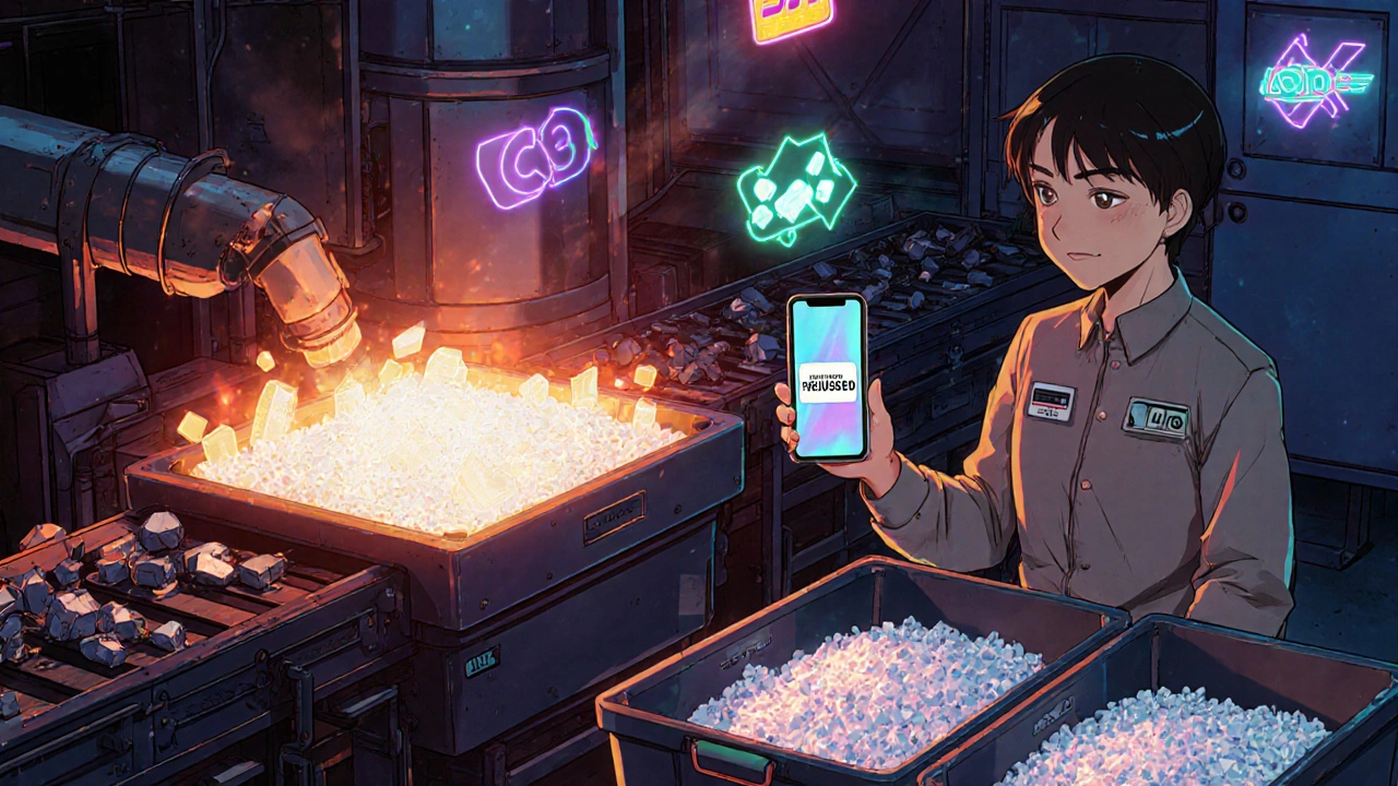Recycling plant with alumina crystals being collected from decomposed battery material, in retro anime style