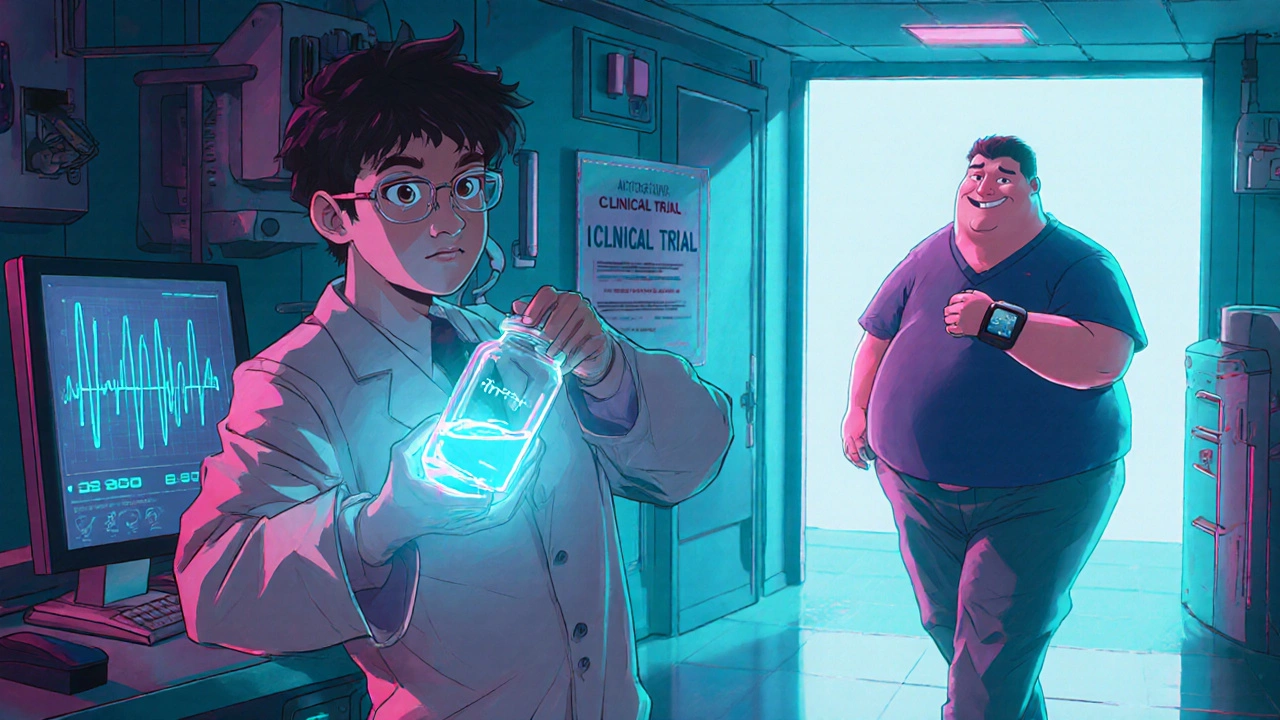 Research lab scene with scientist examining blood test and patient wearing health monitor, retro anime aesthetic.