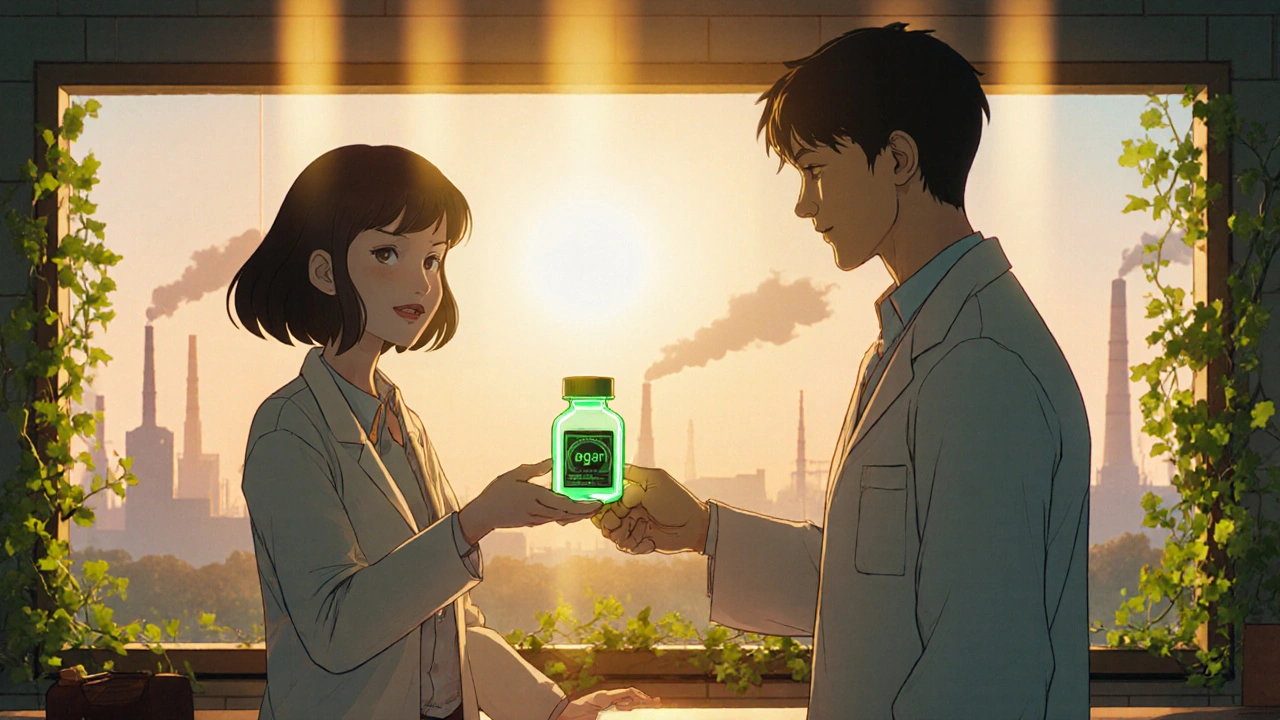 Retro anime hero receives vegan‑certified medication from a pharmacist, with a hopeful sunrise background.