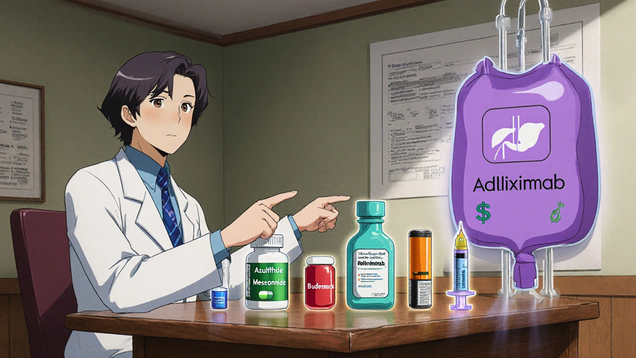 Retro‑anime layout of six IBD medicines on a clinic table with icons.