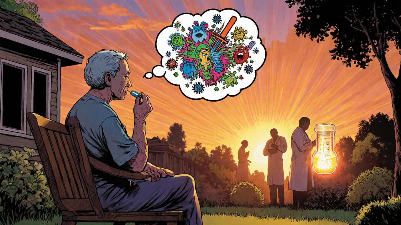 Senior patient taking Molnupiravir with thought bubble of virus being destroyed.