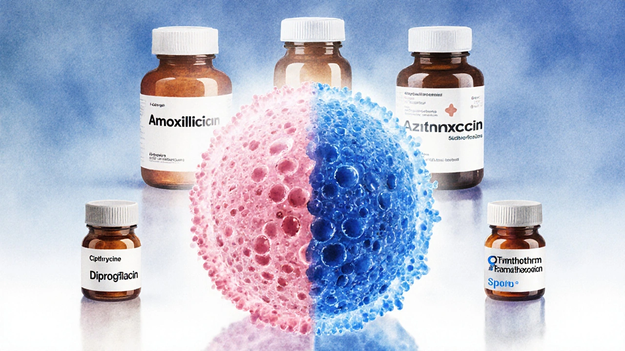 Six antibiotic bottles surrounding a split gram‑positive/gram‑negative bacterial cell.