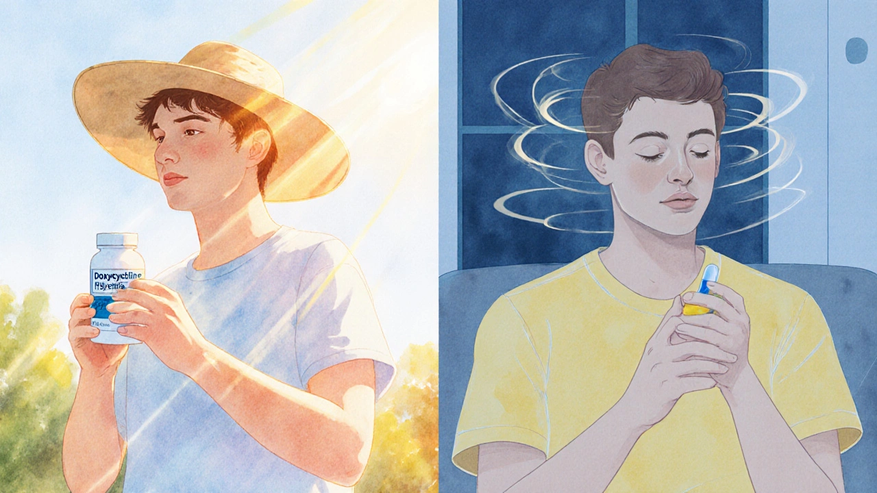 Split illustration comparing doxycycline sun sensitivity with minocycline vestibular side effects.