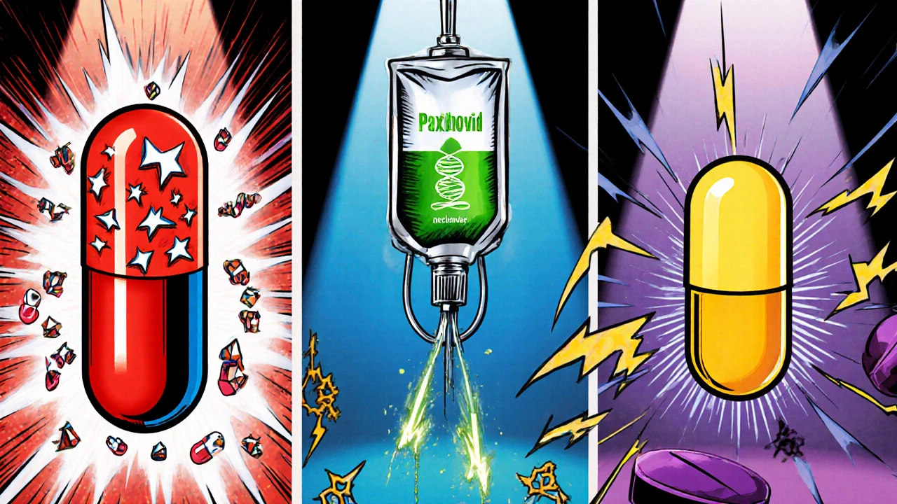Split panel showing capsules and IV bag representing five COVID‑19 antivirals.