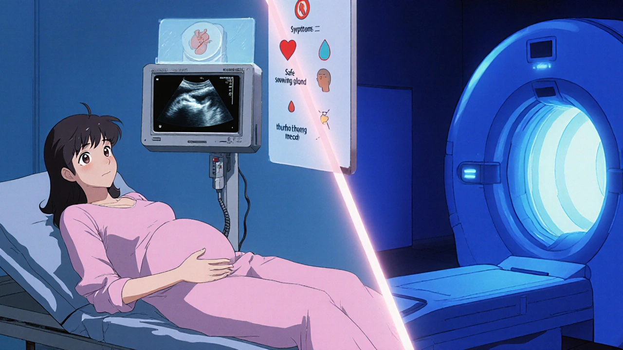 Split scene of a pregnant patient with ultrasound and MRI scans, highlighting pheochromocytoma symptoms.