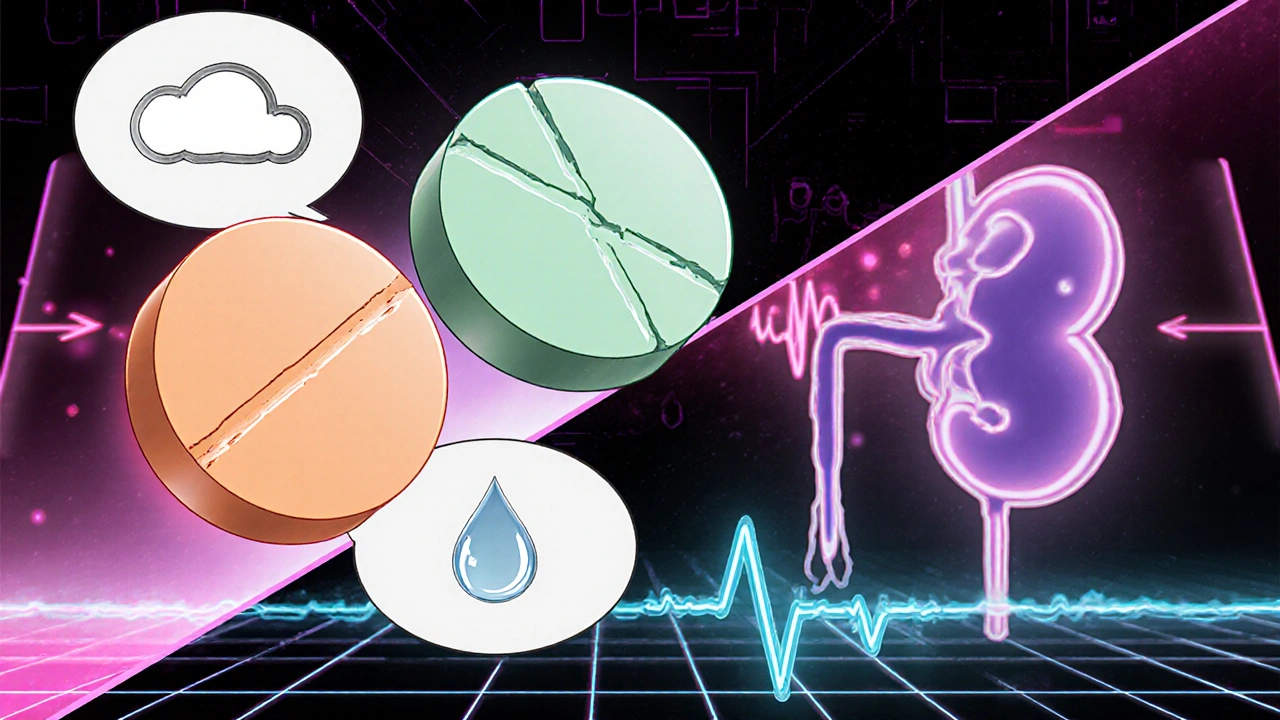 Split scene showing three colored pills with icons for cough, clean breath, and water drop.