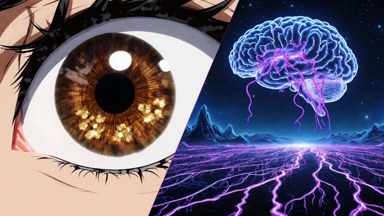 Split view of retina and brain showing amyloid plaques and tau tangles in retro anime style.