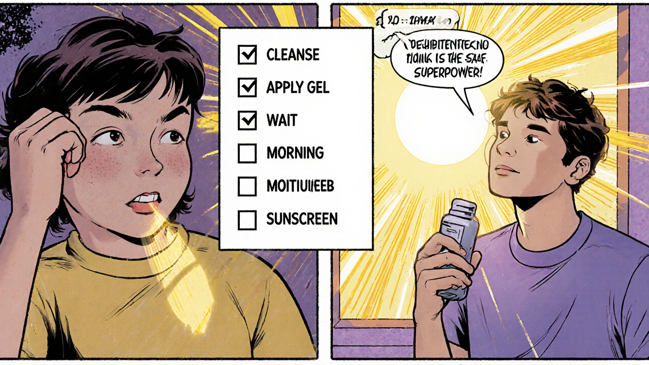 Teen applies Cleocin Gel at night and sunscreen in morning, checklist of steps beside them.