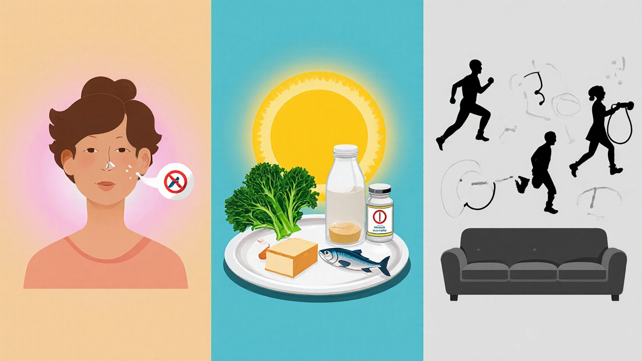 Three‑panel illustration of hormone loss, nutrition, medication, smoking, and exercise factors.