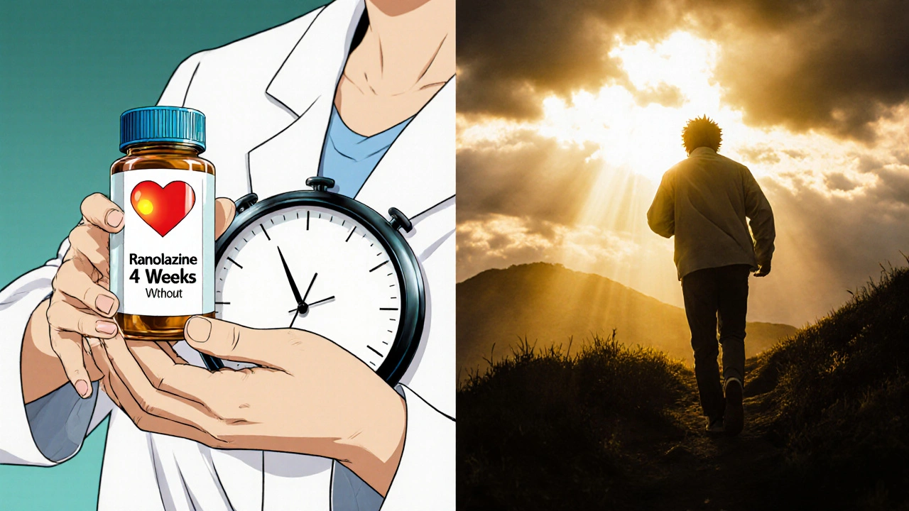 A doctor gives a patient ranolazine pills as they walk up a hill, representing improved symptoms over time.