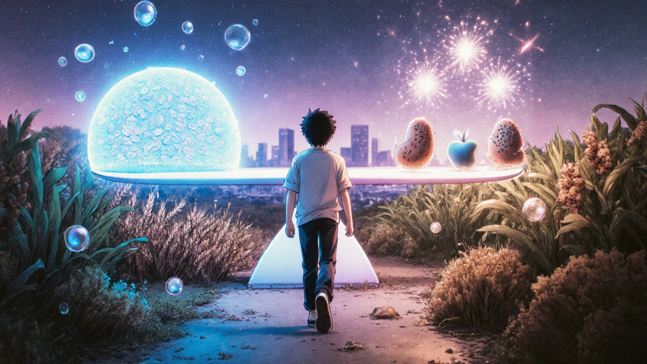 A person walking on a path with balanced fiber types and friendly gut bacteria spirits