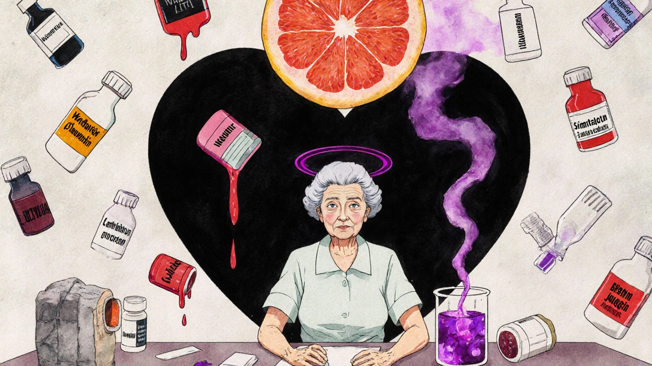 An elderly woman surrounded by floating medication bottles and a giant grapefruit causing toxic smoke in vintage manga style.