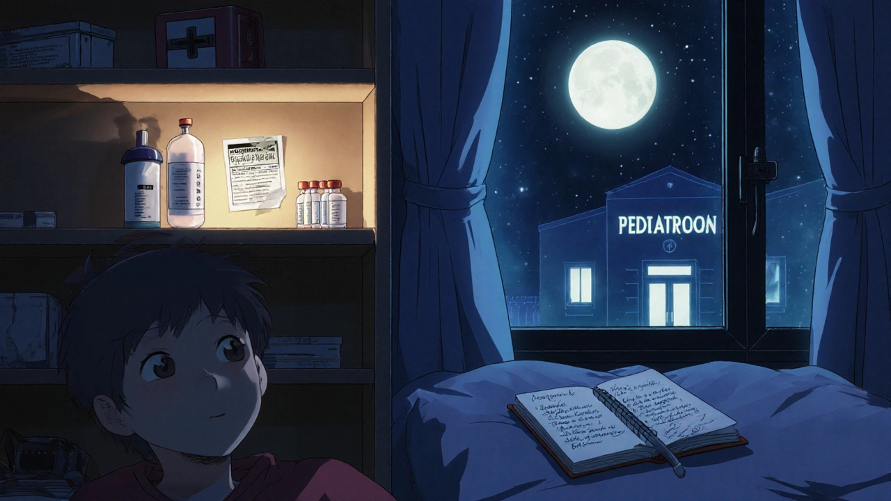 Child&#039;s bedroom with locked medicine kit and labeled photo on wall, symbolizing safe medication storage.