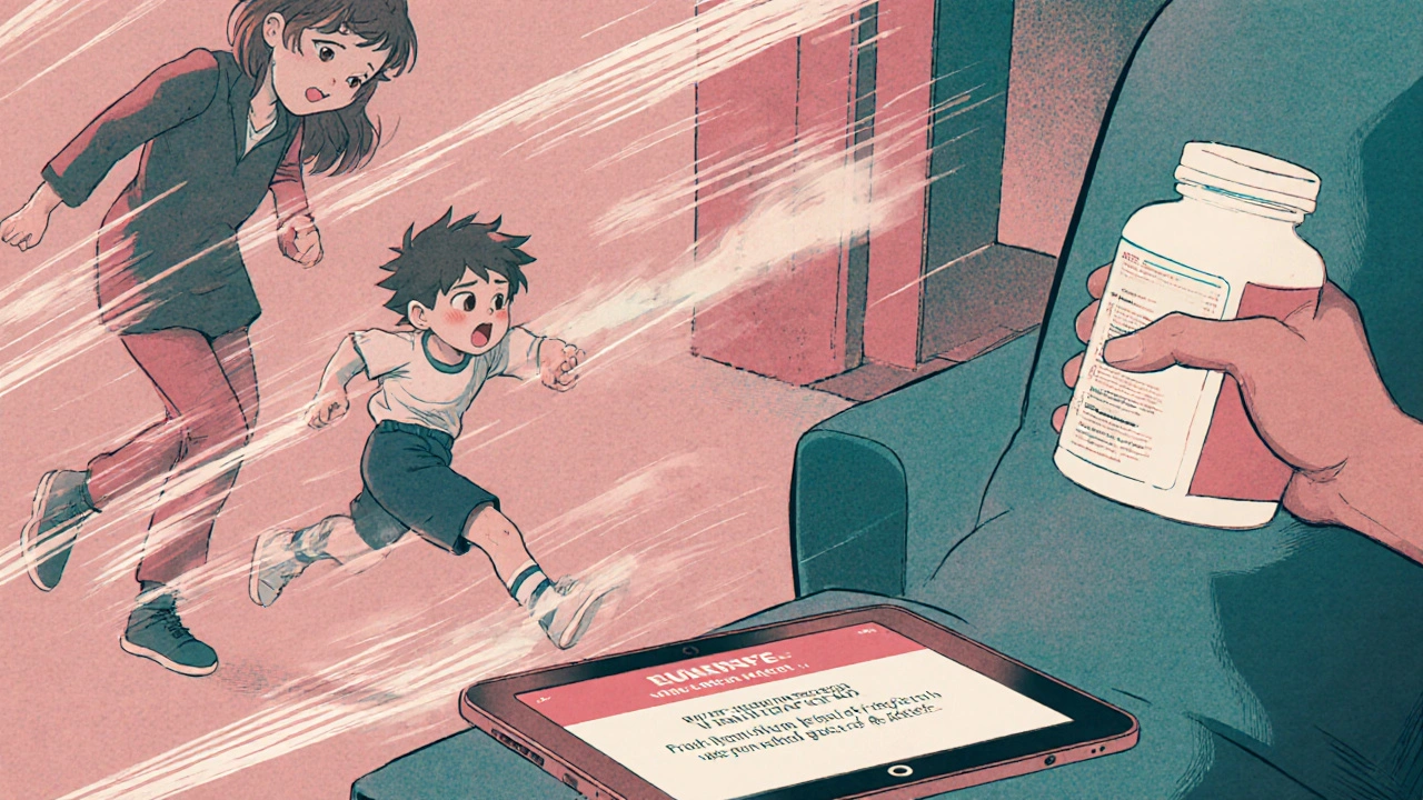 Child running hyperactively after taking Benadryl, parent holding medicine bottle in shock.