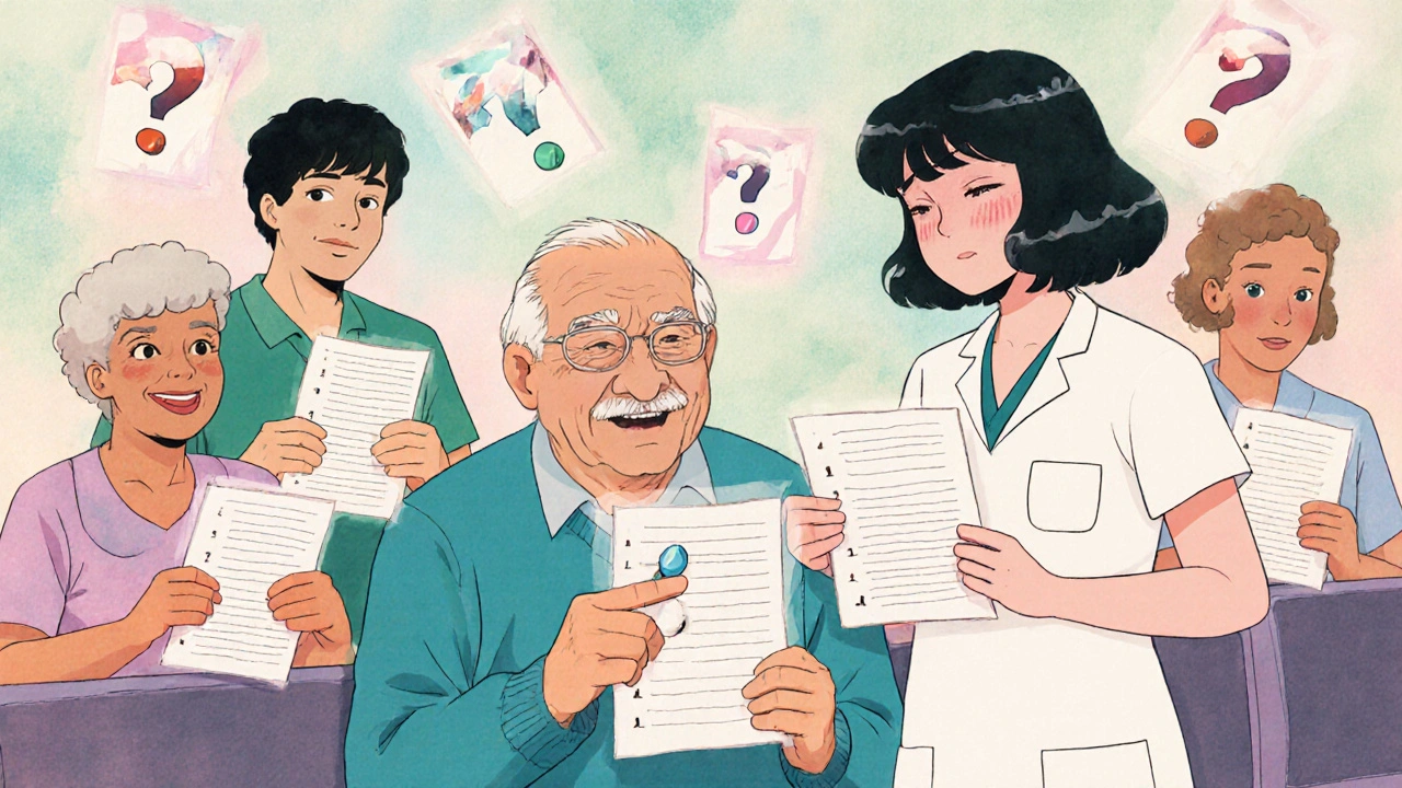 Diverse patients in hospital waiting room holding medication lists, one points to a pill while nurse nods.