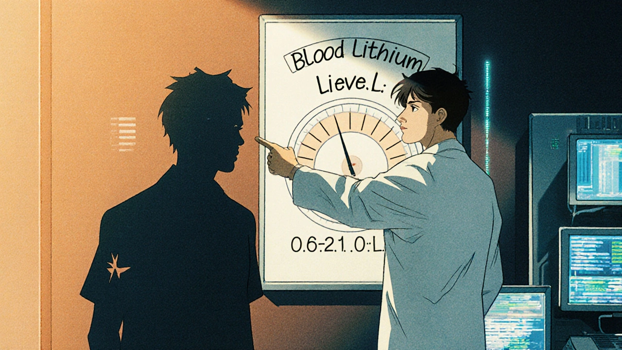 Doctor and patient in clinic, blood level chart glowing with dangerous reading, medical monitors in background