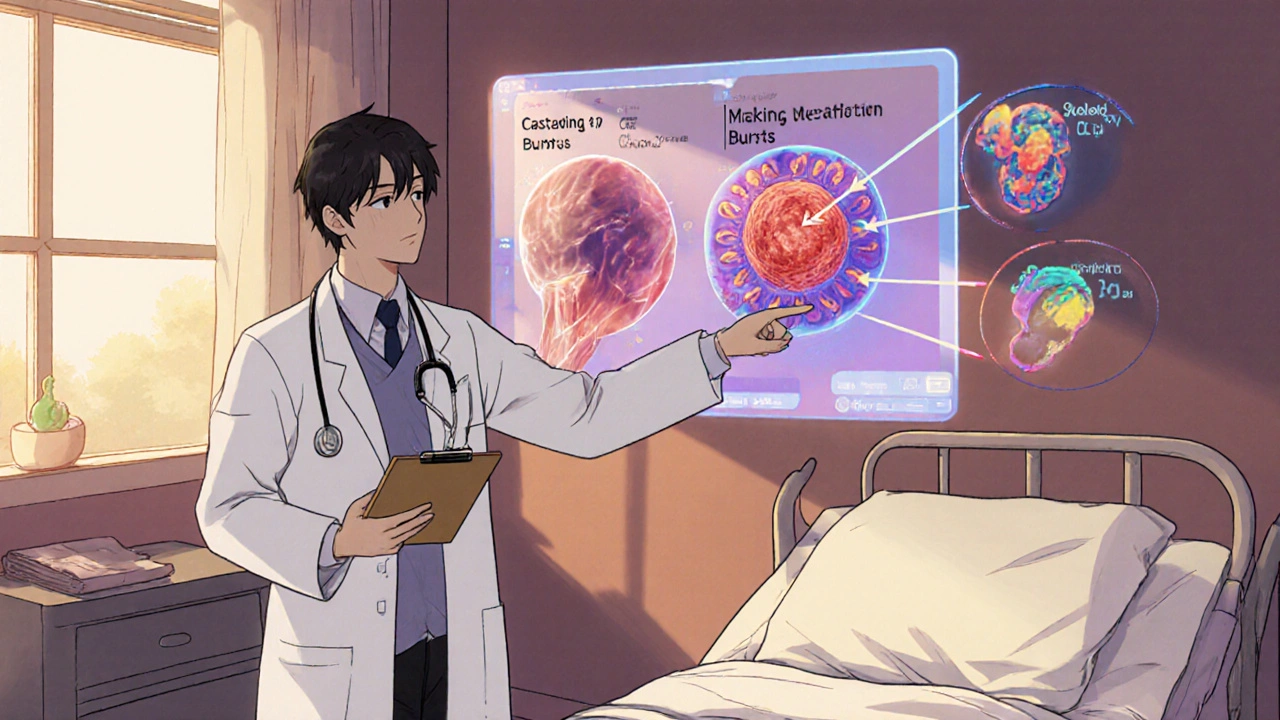 Doctor explaining muscle cell damage diagram with calcium leaks, lipid anchor loss, and mitochondrial decline