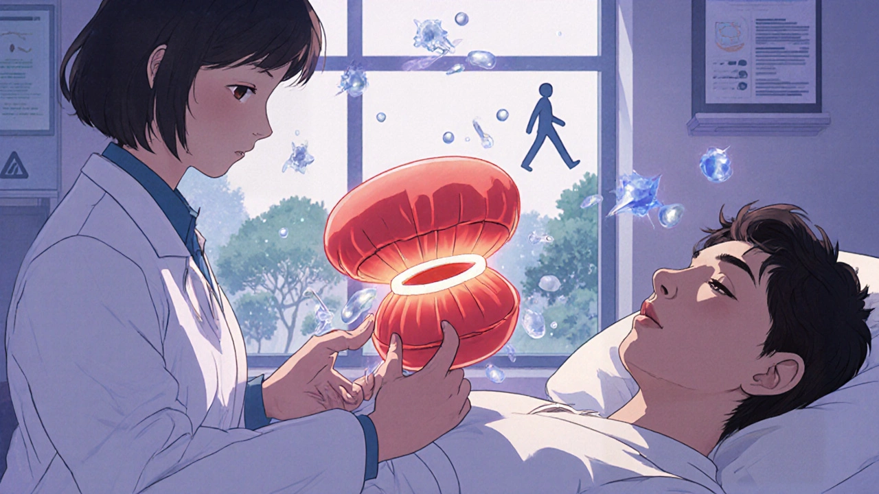 Doctor performing rubber band ligation on prolapsed hemorrhoid with healing symbols floating around.