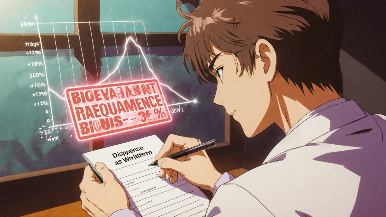 Doctor writing &#039;Dispense as Written&#039; on prescription, bioequivalence graph floating nearby.