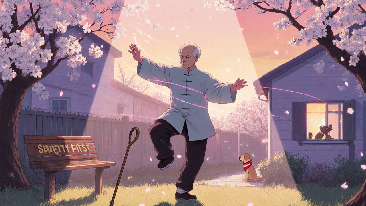 Elderly man practicing tai chi in garden with cane nearby, cherry blossoms floating, home safety features visible in distance.
